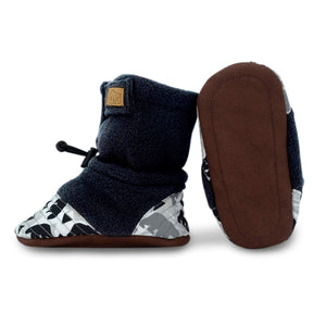Cozy Stay-Put Booties for babies, with toggle at ankle, shown in black and white bear print