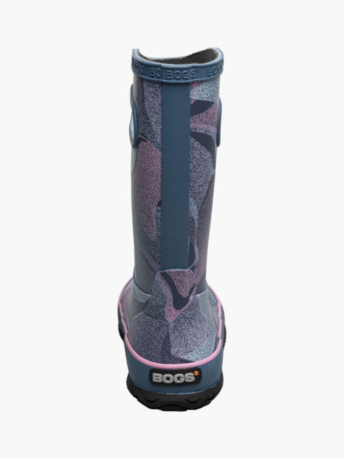 Bogs brand rain boots for kids, shown in 2024 abstract shapes color scheme with blues and purple tones