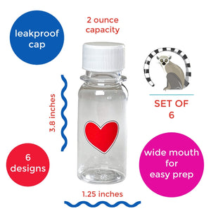 Mini wellness juice bottles with 2 ounce capacity, made by Yumbox , pack of 6