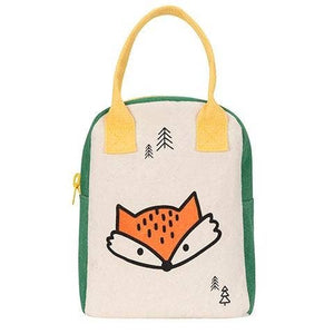 Fluf brand organic cotton sustainable lunch bag, shown in cat print with yellow handle, on blue and orange