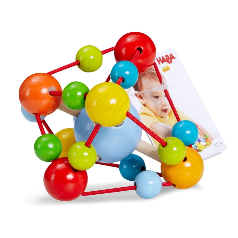 HABA Tirili Grasping Toy, wooden colorful rainbow balls with stretchy elastic and wood