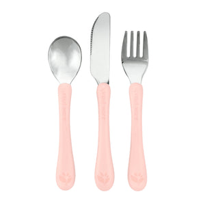 Green Sprouts brand cutlery set for toddlers and children, shown with fork, knife, and spoon in light sage color scheme