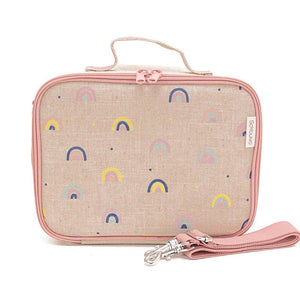 SoYoung machine washable kids insulated lunch bag box, shown in canvas with pastel rainbows, neo rainbow