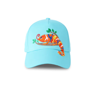 flapjack kids ball cap in chameleon design, colorful chameleon on aqua ball cap
