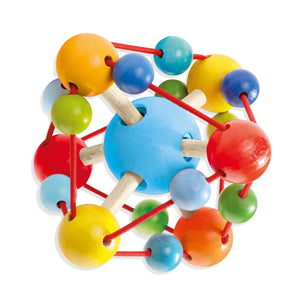 HABA Tirili Grasping Toy, wooden colorful rainbow balls with stretchy elastic and wood