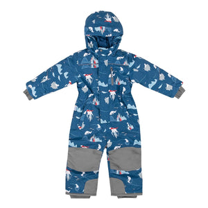 Jan & Jul kids waterproof snowsuit in toddler sizes, shown in arctic blue print