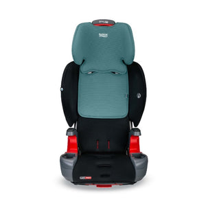 front view of a child secured in the britax grow with you clicktight harness 2 booster seat 