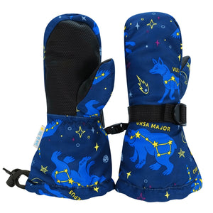 Jan & Jul Toasty Dry Waterproof Mittens with long cuff, cinch at wrist, shown in space dino print
