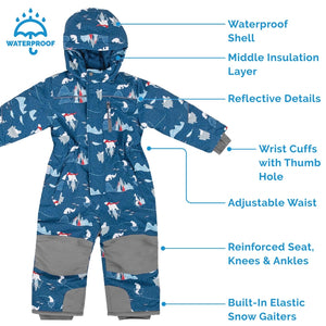 Jan & Jul kids waterproof snowsuit in toddler sizes, shown in arctic blue print