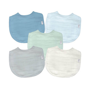green sprouts 5 pack of muslin bibs includes the colors blue, light blue, light green, yellow, and orange.