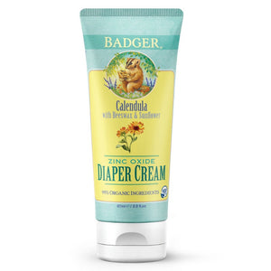 Badger brand zine oxide diaper cream, tube shown, with calendula, beeswax, and sunflower ingredients