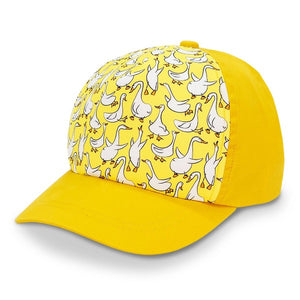 Kids' Xplorer baseball cap in goose print,  white geese on yellow hat and brim