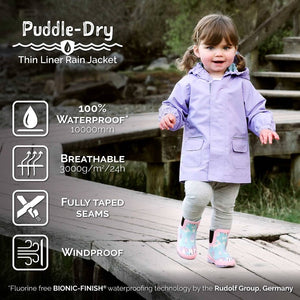 Puddle-dry rain jacket by Jan and Jul in hearts print, white hearts on a pink background