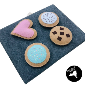 handcrafted felt cookie sheet with 4, 3" cookies are handcrafted in New York State
