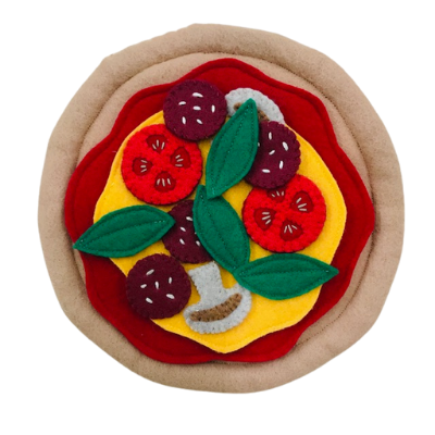 handcrafted felt 8" pizza with crust, sauce, cheese, tomatoes, mushrooms, and basil