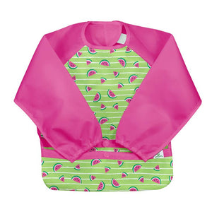 snap and go easy wear long sleeve bib in  green watermelon stripe print with pink sleeves