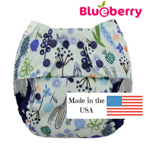 Blueberry Capri One-Size Diaper Cover, Sedona print, desert plants in blues and purples on white background, made in USA logo, 12 - 35 lb.