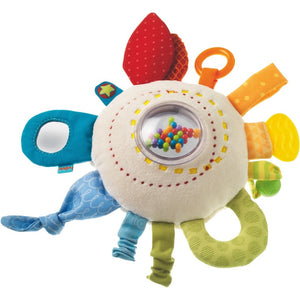 All the colors of the rainbow are featured on the soft HABA cuddly rainbow round teether