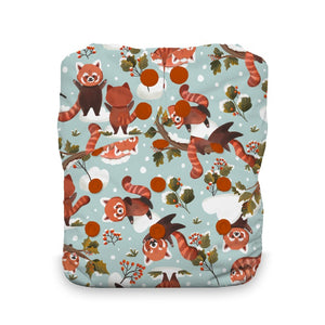 thirsties natural stay dry all in one diaper in  adventure trail print, bears, canoes, pine trees on a white background
