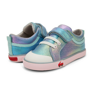 See Kai Run brand kids sneakers, flexible and wide, shown in Kristin Silver and Pink low top design