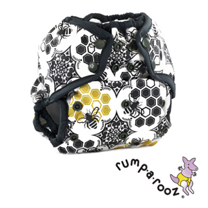 Rumparooz Kanga Care One Size Cloth Diaper Cover in Unity print, black and white with bees