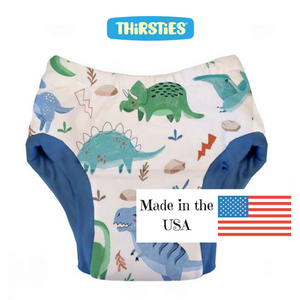 Thirstiest Potty Training Pant in Classic Jurassic print, t-rex, stego, tyranno, tera in colorful colors on white background, made in USA