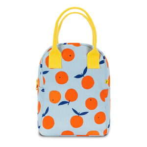 Fluf brand organic cotton sustainable lunch bag, shown in cat print with yellow handle, on blue and orange