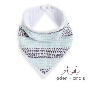 Aden & Anais Bandana Bib with brand logo, shown in grey and aqua dotted stripe pattern
