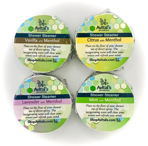 vitals apiaries shower steamers menthol 4 pack includes, vanilla, citrus, lavender, and mint with menthol