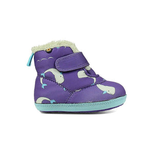 baby bogs elliot boot in whales pattern features gray whales on a purple background