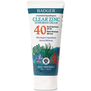 badger clear zinc spf40 sunscreen is reef friendly, water resistant for 80 minutes, and hypoallergenic