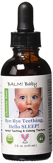 Balm baby teething tincture in an amber colored glass bottle with dropper holds 2 fluid ounces