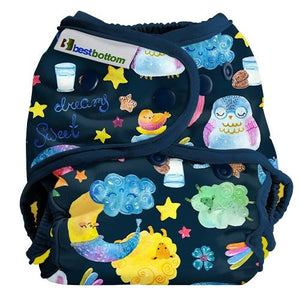 Best Bottom One Size Diaper Cover, Far Far Away print, planets on midnight background with black trim, fits newborn to 35 pounds and made in USA logo