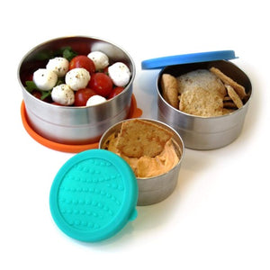 blue water bento lunchbox seal cup trio shown stacked with the lids on