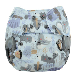 Blueberry Capri One-Size Diaper Cover, Sedona print, desert plants in blues and purples on white background, made in USA logo, 12 - 35 lb.