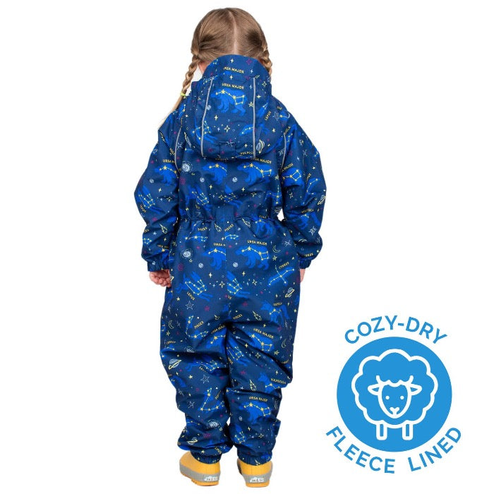 Cozy dry fleece lined waterproof play suit in constellation print