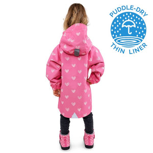 Puddle-dry rain jacket by Jan and Jul in hearts print, white hearts on a pink background