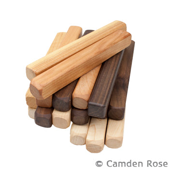 Solid wood building stick toys, made from 3 different woods, by Camden Rose, made in the USA