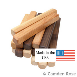 Solid wood building stick toys, made from 3 different woods, by Camden Rose, made in the USA