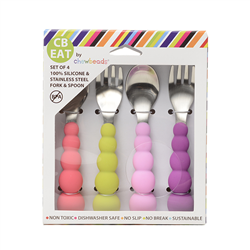 chewbeads cb eats flatware, 2 spoons and 2 forks in pink, purples, and green