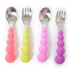 chewbeads cb eats flatware, 2 spoons and 2 forks in pink, purples, and green