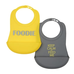 Chewbeads Silicone Feeding Bibs with pocket, peace love and veggies style in pink and chartreuse lime green