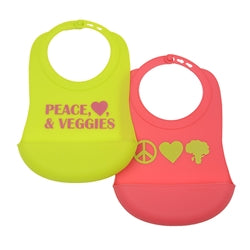 Chewbeads Silicone Feeding Bibs with pocket, peace love and veggies style in pink and chartreuse lime green
