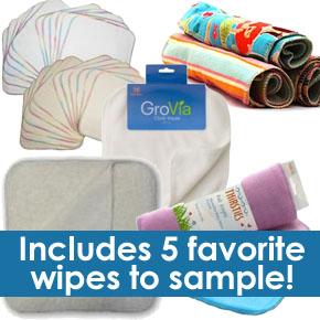 Cloth wipes sampler includes a Grovia, OsoCozy terry, Imagine bamboo, Thirsties organic, and Jillian's Drawers homemade wipe to sample