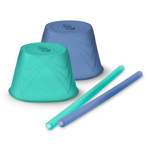 Go Sili brand silicone straw top, 2 pack shown in sea and cobalt colors