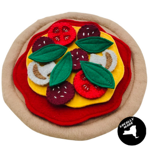 handcrafted felt 8" pizza with crust, sauce, cheese, tomatoes, mushrooms, and basil