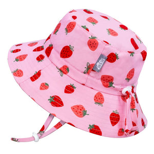 Jan and Jul Aqua Dry Bucket Hat in pink strawberry print