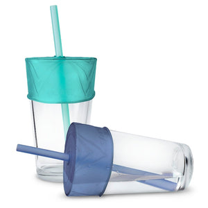 Go Sili brand silicone straw top, 2 pack shown in sea and cobalt colors