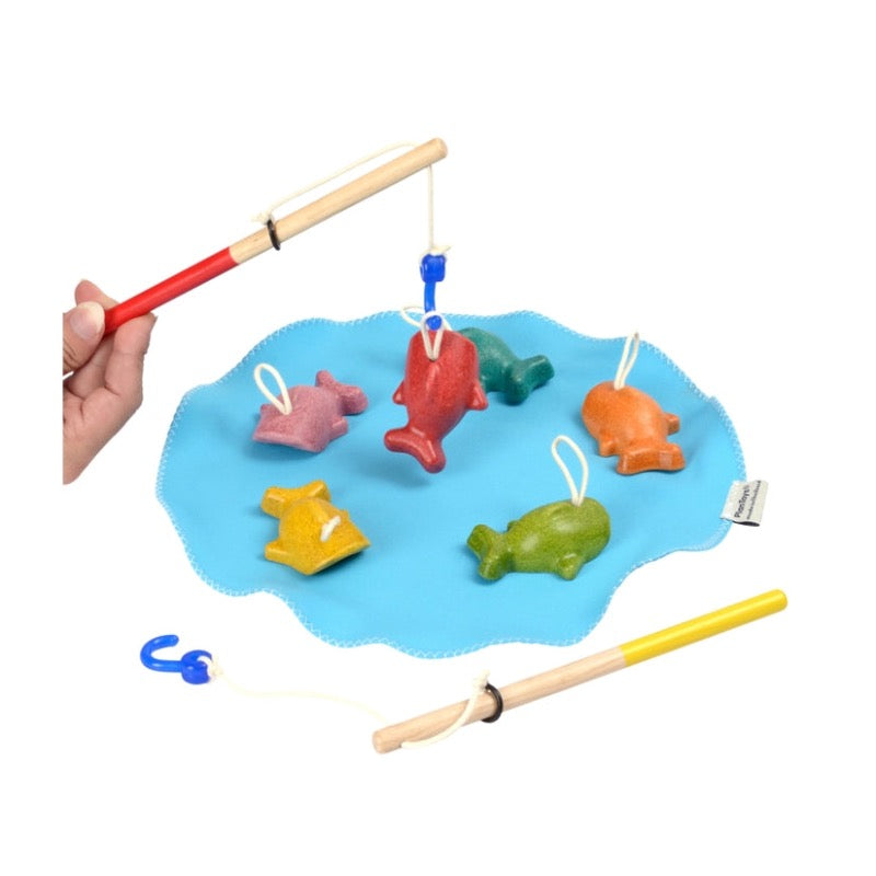 plan toys fishing game with 6 fish and 2 fishing rods