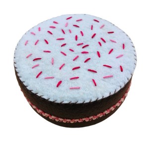 handmade in Ithaca, NY with felt is this delicious looking chocolate cake with pink frosting 